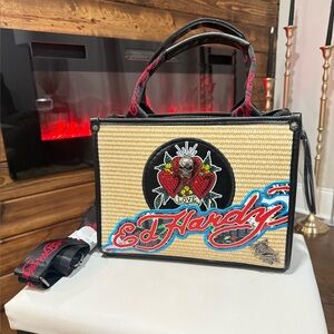 Ed Hardy Beige Straw Satchel with Black Trim and Multicolor Logo